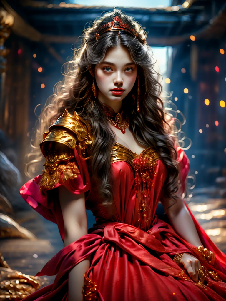 Black Armored Woman,Long hair,Hold the advanced sword in the right hand,Armor fighting scene,Very cute face,Very slim的身材,Very slim,Small waist,Super perfect,Perfect big round breasts,Smooth skin,Silky hair,blue eyes,,Red robe,Blue headscarf princess crown,Luxurious golden pattern armor,Blonde,fighting style,Red lips,blush,Erect nipples,Energetic,红blue eyes,Strong gaze,Seductive eye contact,Bright red iris,Shining deep blue stars,Sparkling eyes,Vibrant colors,(Facing forward:1.5),Fantasy Art,Beautiful illustrations,(Natural side light,Cinema Lighting),Looking at the audience,Upper Body,((Highest quality)),Highest quality,8K,high resolution,(masterpiece:1.2),Ultra Detailed,(front:1.9),(lifelike,lifelike,Reality:1.6)