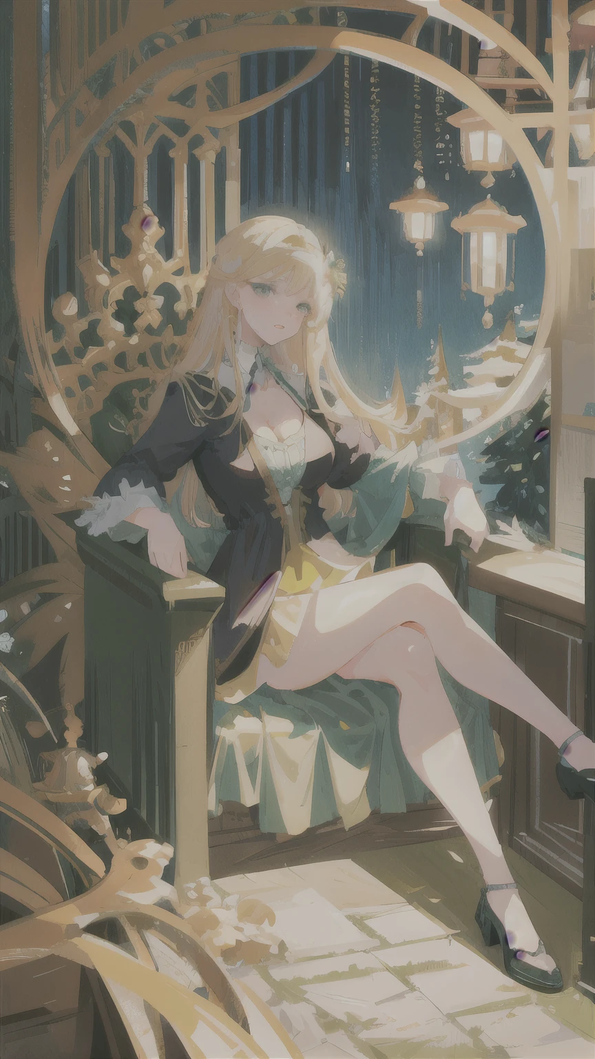 masterpiece, best quality, ultra-detailed, illustration,(1 woman), beautiful detailed eyes, long blonde hair, green eyes, wearing a detailed baroque, (big breasts), cleavage, sitting, half image, ((mature woman))