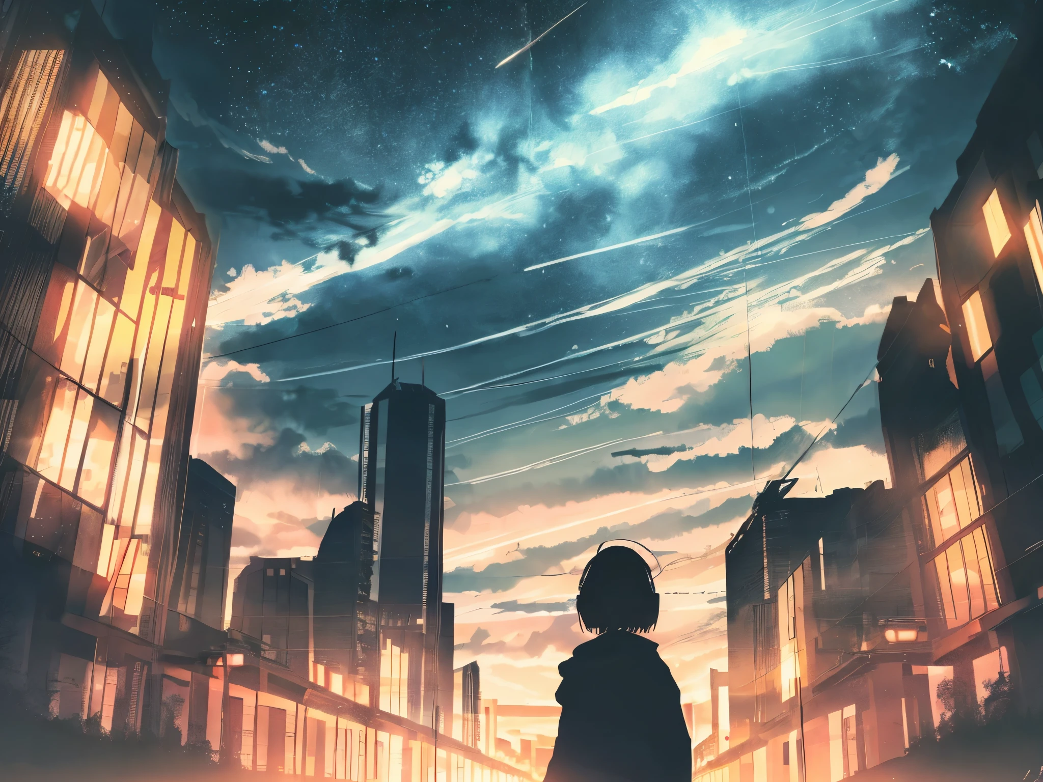 anime,silhouette,1girl, headphone、Back view、Blonde、Holding a cigarette in your hand、star (sky), cloud, cityscape, building, city, outdoors, skyscraper, city lights, night, night sky, sunset, skyline