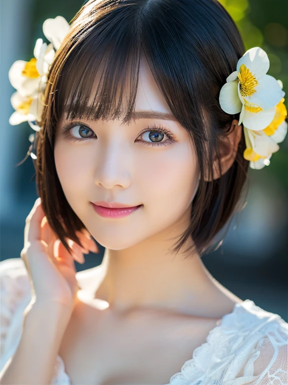 Medium Shot、(highest quality:1.5)、(Realistic:1.5)、(1 person:1.5)、(Very detailed)、(High resolution)、8k、Looking down、(Yellow floral camisole)、normal 、Natural color lips、Cute Smile、20-year-old girl、(Beautiful and elaborate face)、(Perfect and beautiful face)、(Big eyes)、(Beautiful and elaborate face)、(Beautiful, balanced eyes)、Perfect and beautiful double eyelids、Perfect and beautiful face、Arched eyebrows、 Thin eyebrows、Feminine poses、Slim face、Slim figure、Beautiful and thin nose、 Beautiful Skin、(Medium Bob Hair)、Natural Bangs、Fair skin、Front lighting、Lighting the face、Beautiful cleavaglue eyes、