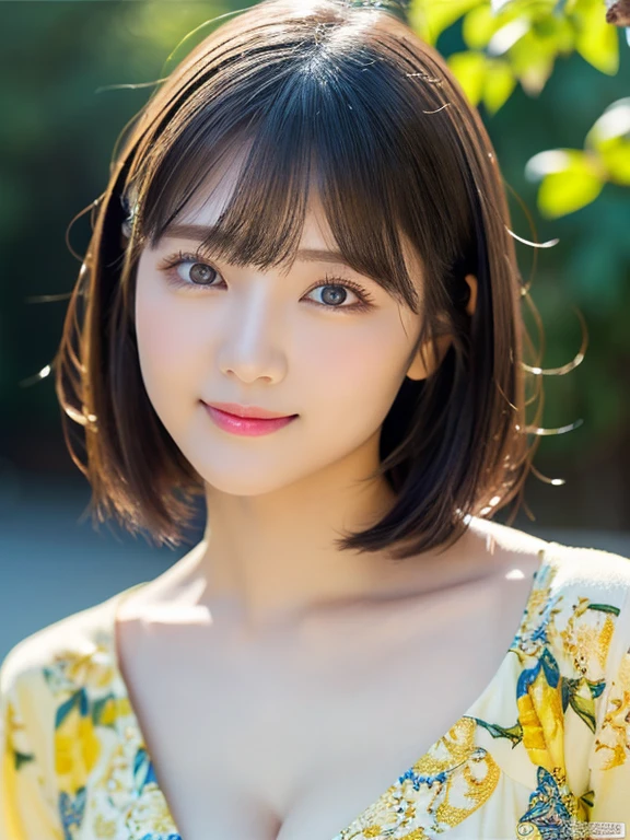 Medium Shot、(highest quality:1.5)、(Realistic:1.5)、(1 person:1.5)、(Very detailed)、(High resolution)、8k、Looking down、(Yellow floral camisole)、normal breasts、Natural color lips、Cute Smile、20-year-old girl、(Beautiful and elaborate face)、(Perfect and beautiful face)、(Big eyes)、(Beautiful and elaborate face)、(Beautiful, balanced eyes)、Perfect and beautiful double eyelids、Perfect and beautiful face、Arched eyebrows、 Thin eyebrows、Feminine poses、Slim face、Slim figure、Beautiful and thin nose、 Beautiful Skin、(Medium Bob Hair)、Natural Bangs、Fair skin、Front lighting、Lighting the face、Beautiful cleavage、Deep blue eyes、