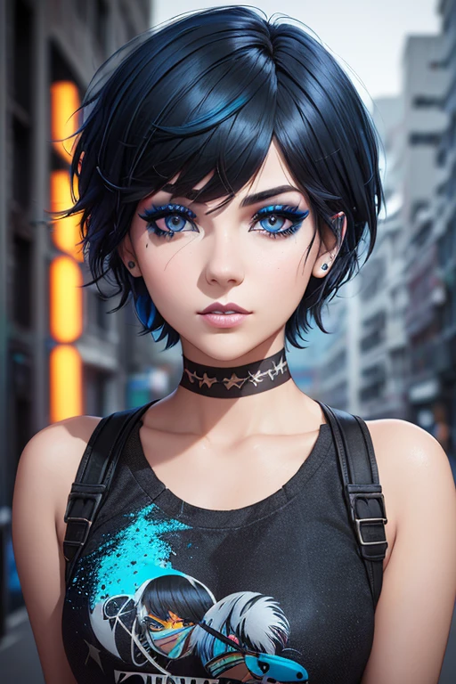 Beautiful girl, half-body portrait, Bright blue messy short hair, black eyeshadows, (street style wear:1.2), (urban backdrop:1.2), dark make-up, Digital art, trending on artstationh, Highly detailed, finedetail, Intricate, beautiful detailed glow, Detailed, Cinematic light, A high resolution, Detailed facial features,Sharp focus, smooth, Aesthetic,