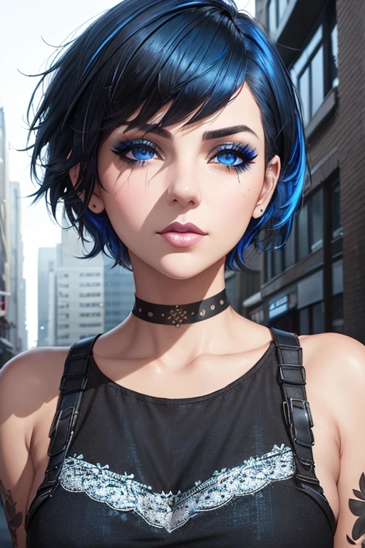 Beautiful girl, half-body portrait, Bright blue messy short hair, black eyeshadows, (street style wear:1.2), (urban backdrop:1.2), dark make-up, Digital art, trending on artstationh, Highly detailed, finedetail, Intricate, beautiful detailed glow, Detailed, Cinematic light, A high resolution, Detailed facial features,Sharp focus, smooth, Aesthetic,