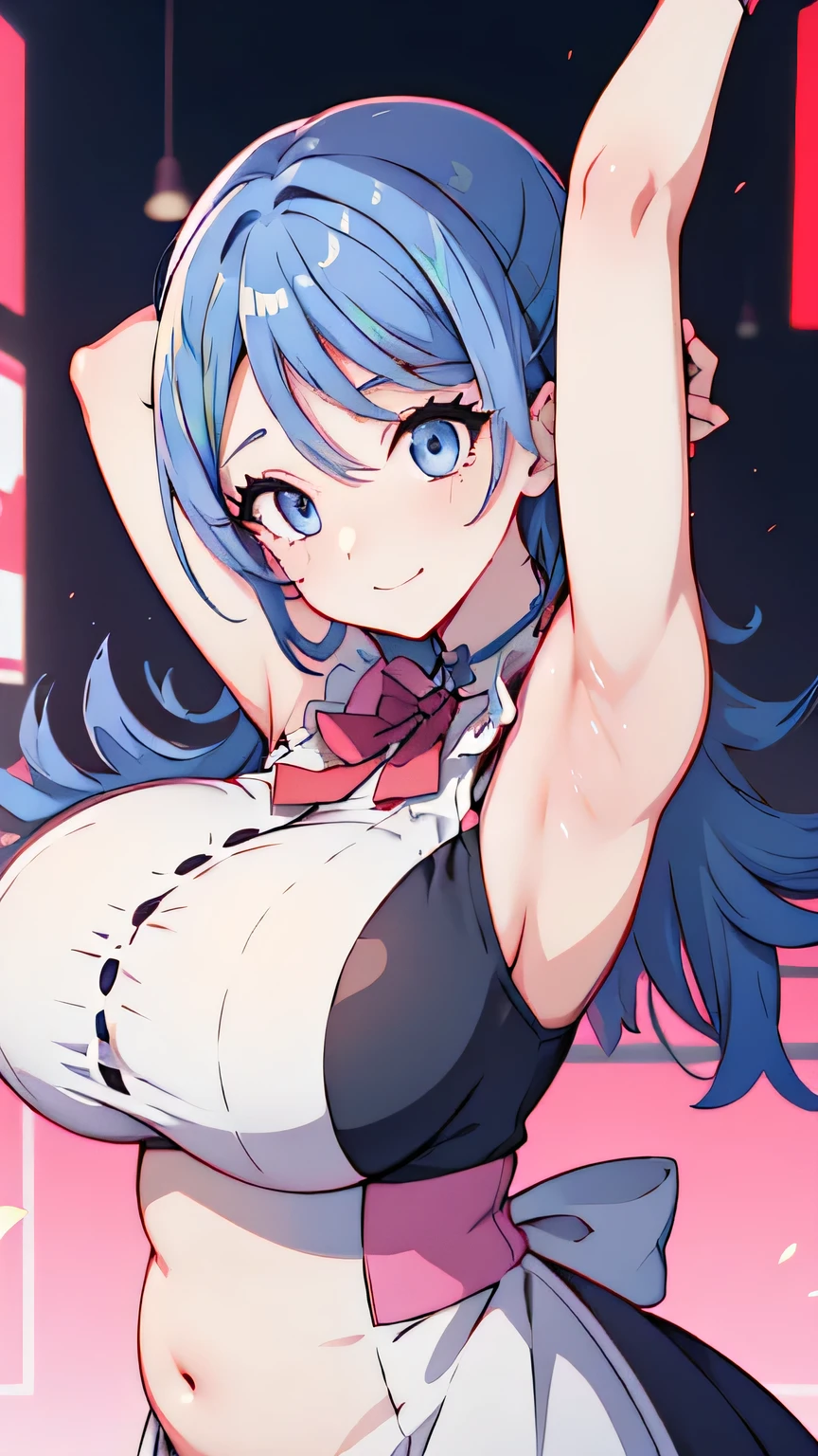 Anime illustration、highest quality、Plump maid、No sleeve、Akihabara、overwhelmingly big breasts、very thick thighs、Beautiful, shining eyes、Cowboy Shot、smile、Noise Reduction、Show your armpits
