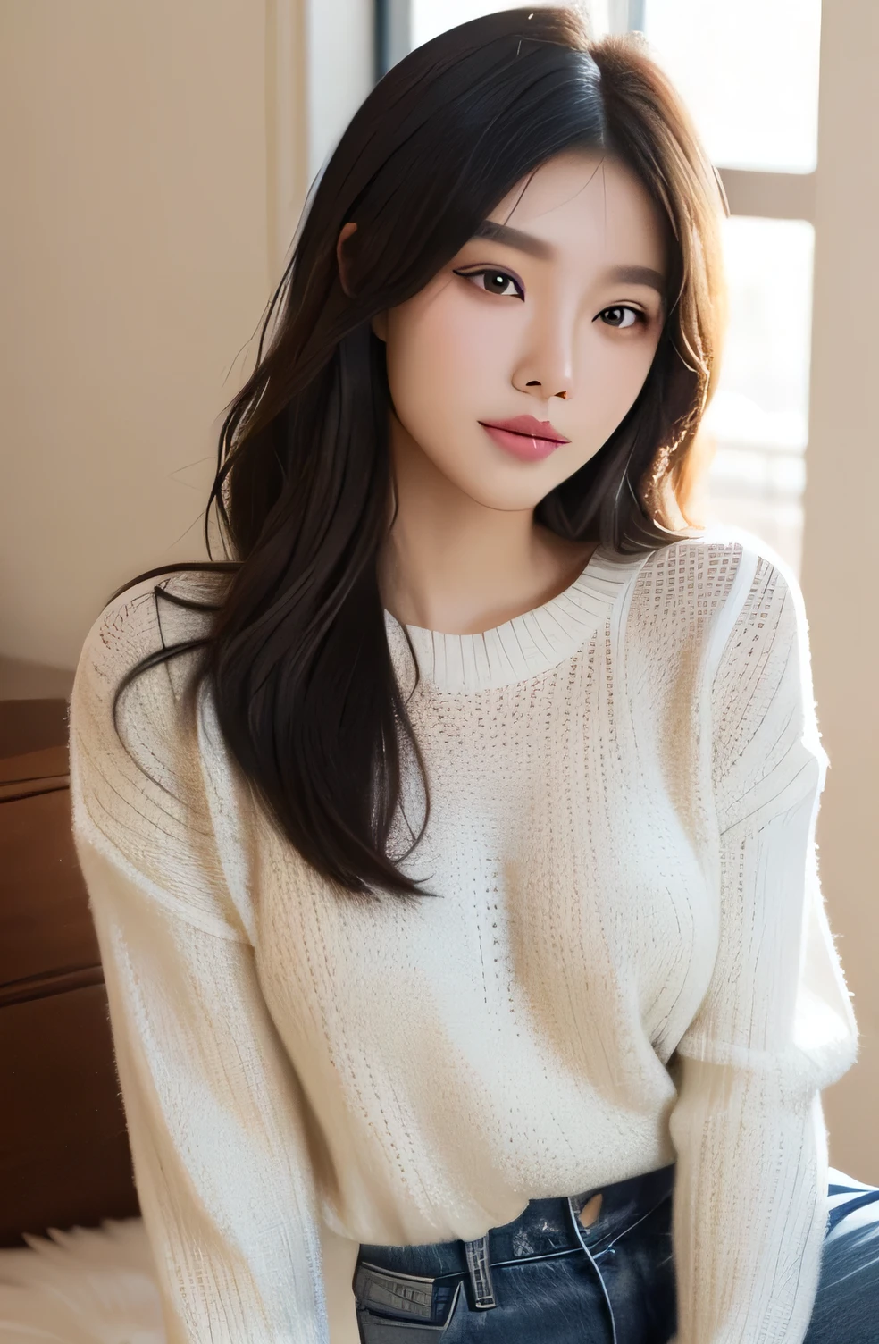 a close up of a woman wearing a sweater and jeans, beautiful asian girl, gorgeous chinese model, gorgeous young woman, beautiful woman, beautiful young korean woman, chinese girl, asian girl, beautiful asian woman, korean girl, young asian girl, asian girl with long hair, young and cute girl, beautiful girl model, a beautiful young woman, cute young woman