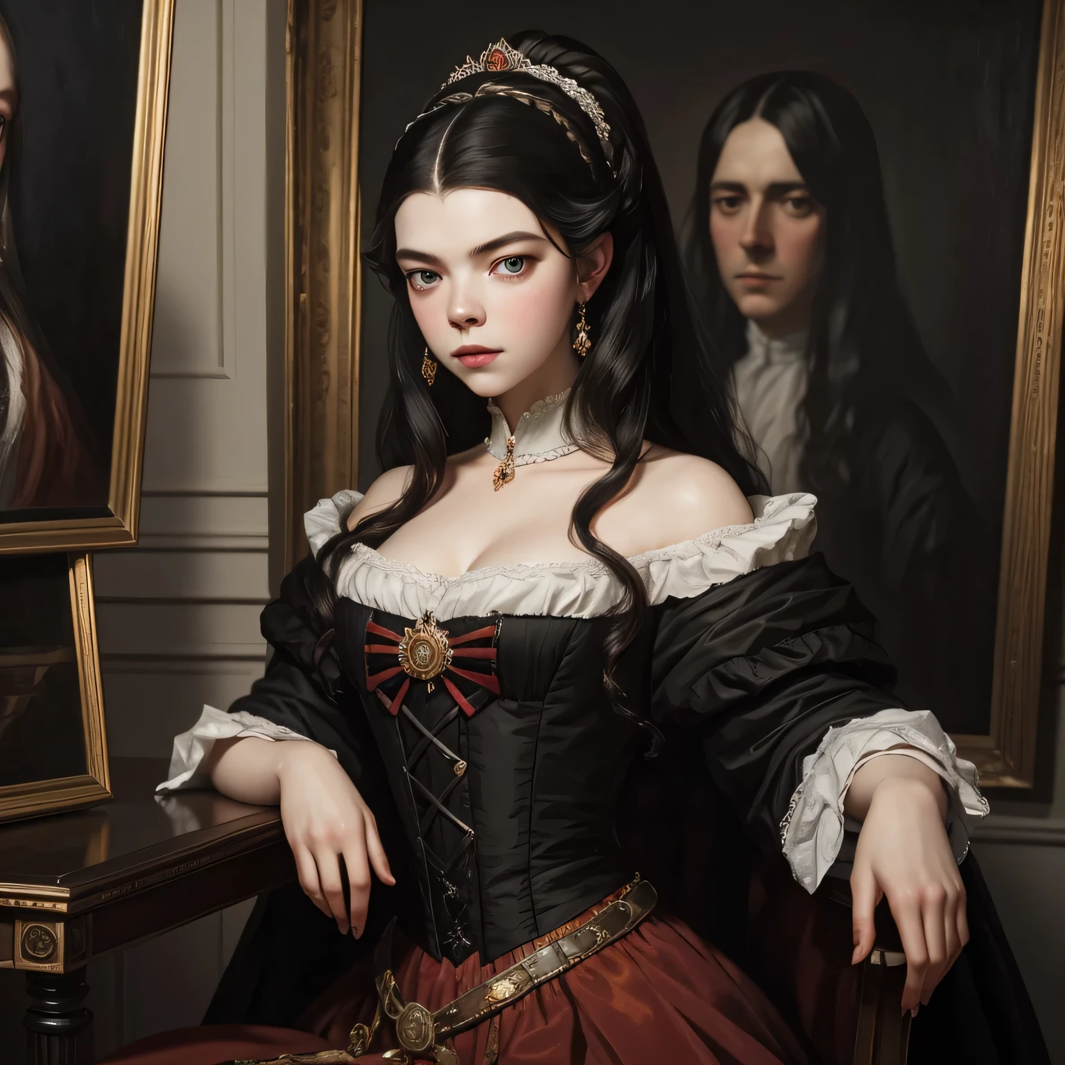Oil painting of a english countess, 18th century oil painting portrait, 18th century oil painting style, anya taylor joy, dark hair, oil painting filter, black hair,