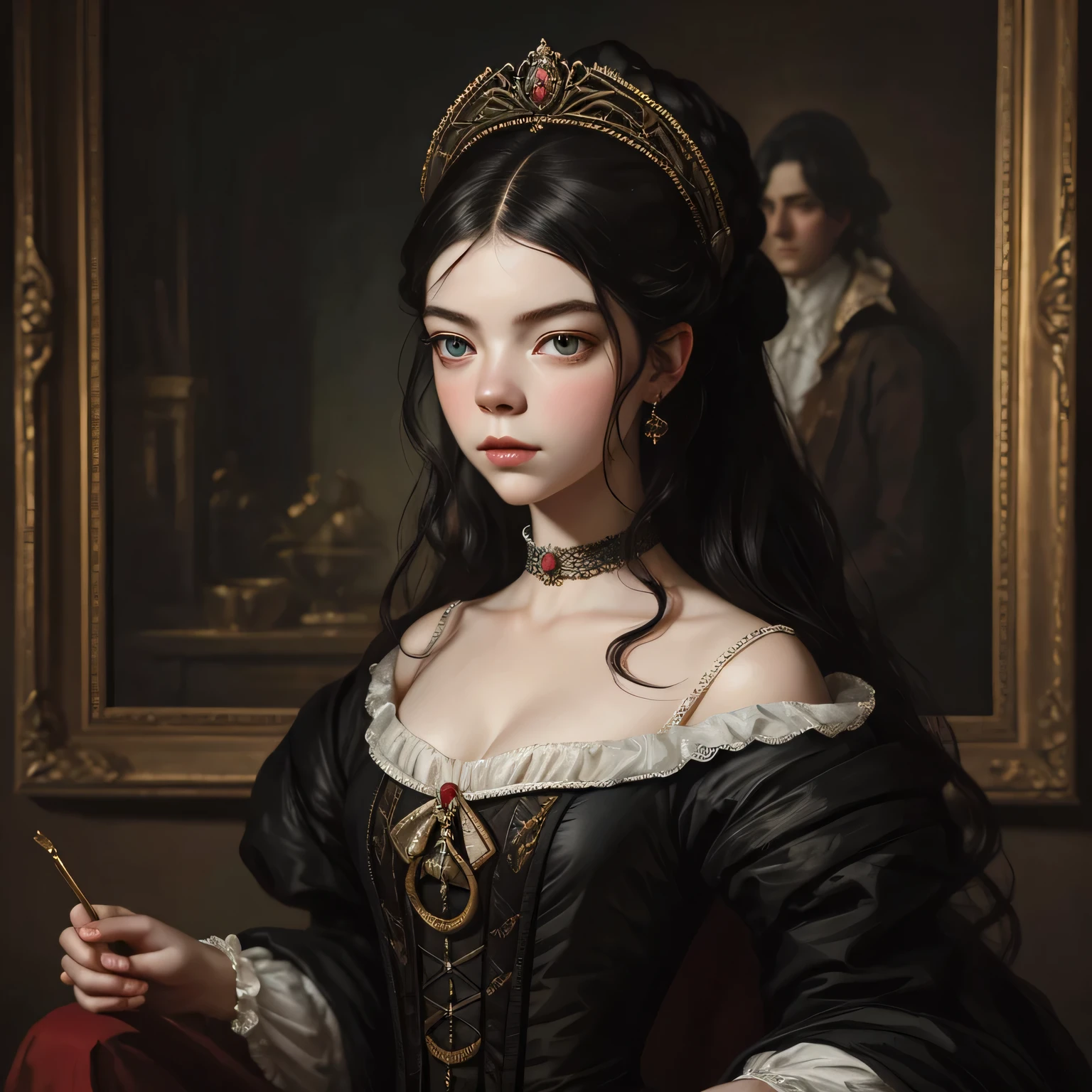 Oil painting of a english countess, 18th century oil painting portrait, 18th century oil painting style, anya taylor joy, dark hair, oil painting filter, black hair,