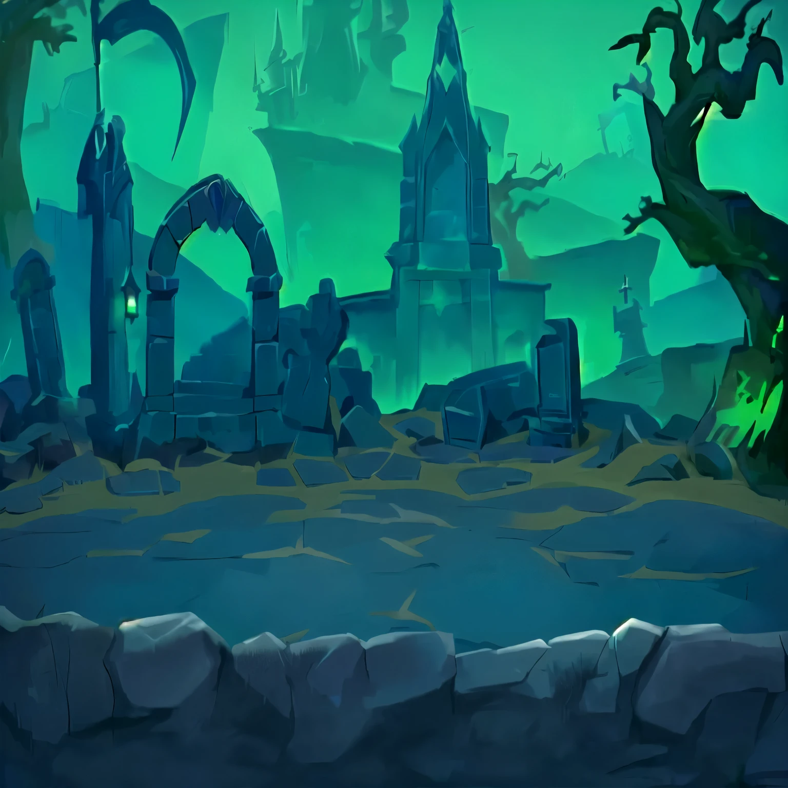 cartoon illustration of a graveyard with a cemetery and a cemetery, background art, graveyard background, background artwork, game background, mobile game background, in a dungeon background, dungeon background, valley of the damned background, haunted background, odin's stone arena background, 2d game background, light kingdom backdrop, 2 d game art background, videogame background, shadowy castle background