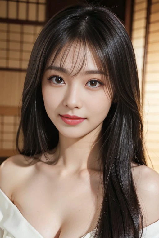 ((Best Quality, 8K, Masterpiece: 1.3)), 1girl, Slim Abs Beauty: 1.3, (long hair, bangs), Dress: 1.1, Japanese Face, Delicate Eyes, Double Eyelids, Smile, Home, Japanese, Black open straight hair, Bangs, lipstick, makeup, Japanese beauty, See-Through transparent kimono, brown eyes (LONG HAIR), beautiful Japanese Face, Cleavage, Off Shoulders.