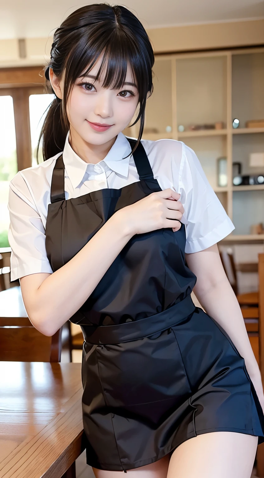 (highest quality,masterpiece:1.3,Ultra-high resolution,),(Very detailed,Caustics),(Photorealistic:1.4,RAW shooting,)Ultra-Realistic Capture,Very detailed,High resolution 16K human skin closeup。 Natural skin texture、,Pores、、、、It must be detailed enough to be easily identifiable。 Skin tone is even and healthy looking。 Use natural light and color,restaurant,Waitress Uniform,1 girl,Japanese,18-year-old,cute,Black-haired,ponytail,Big Breasts,smile,Turn your body forward,(Front view:1.1),Looking at the camera,Cowboy Shot,