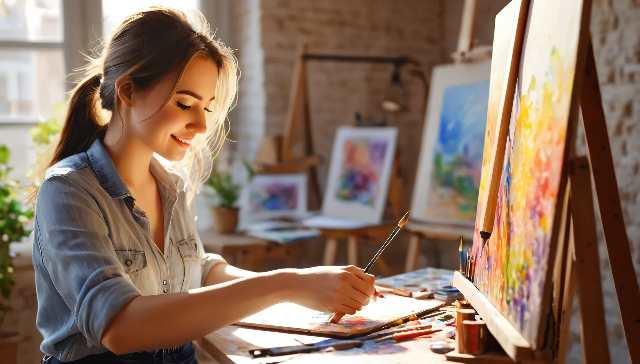 a girl working hard,working in a studio,professional tools,detailed strokes,bright colors,realistic,happy expression,on a sunny day,studio lighting,material: oil painting,ultra-detailed,highres,bokeh,sharp focus