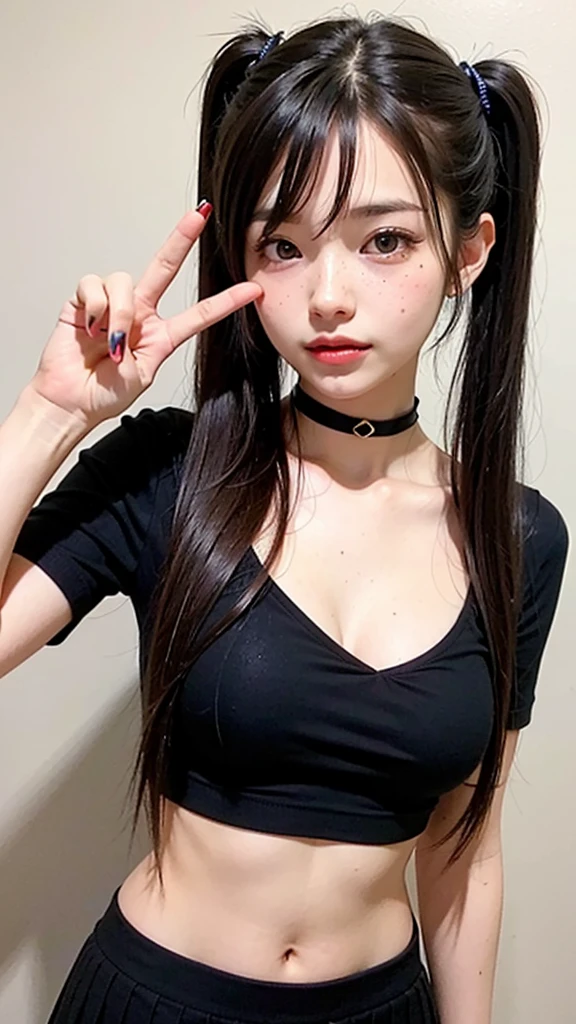 School trip、Cute high school student、masterpiece, ultra detailed, hyper detailed, insanely detailed, detailed, high quality, best quality, exquisite, beautiful, woman, shy, wink, making a V sign, looking at viewer, black hair, big eyes, slant eyes, wide-eyed, heterochromia, with heart-shaped pupils, wheatish skin, skirt, choker, with a tattoo, piercing, beauty mark, freckles, blush, nail polish, long hair, twintail, very long hair, long hair, twintails, spiked hair, flipped hair, ahoge, shiny hair, wavy hair