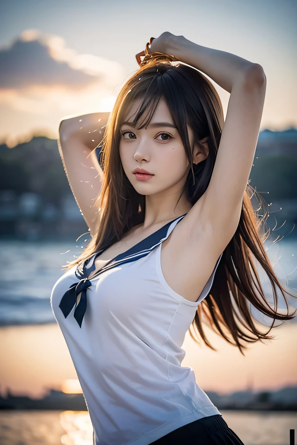 (digital painting:1,5),a woman in sailor clothes looking at the camera, big breasts anime girl named lucy, female anime characters, anime characters, best artwork, lucy god of time, best anime girls, best anime character designs, anime style characters , (anime girl), high quality anime art style, 8k high resolution, arms up, armpits
