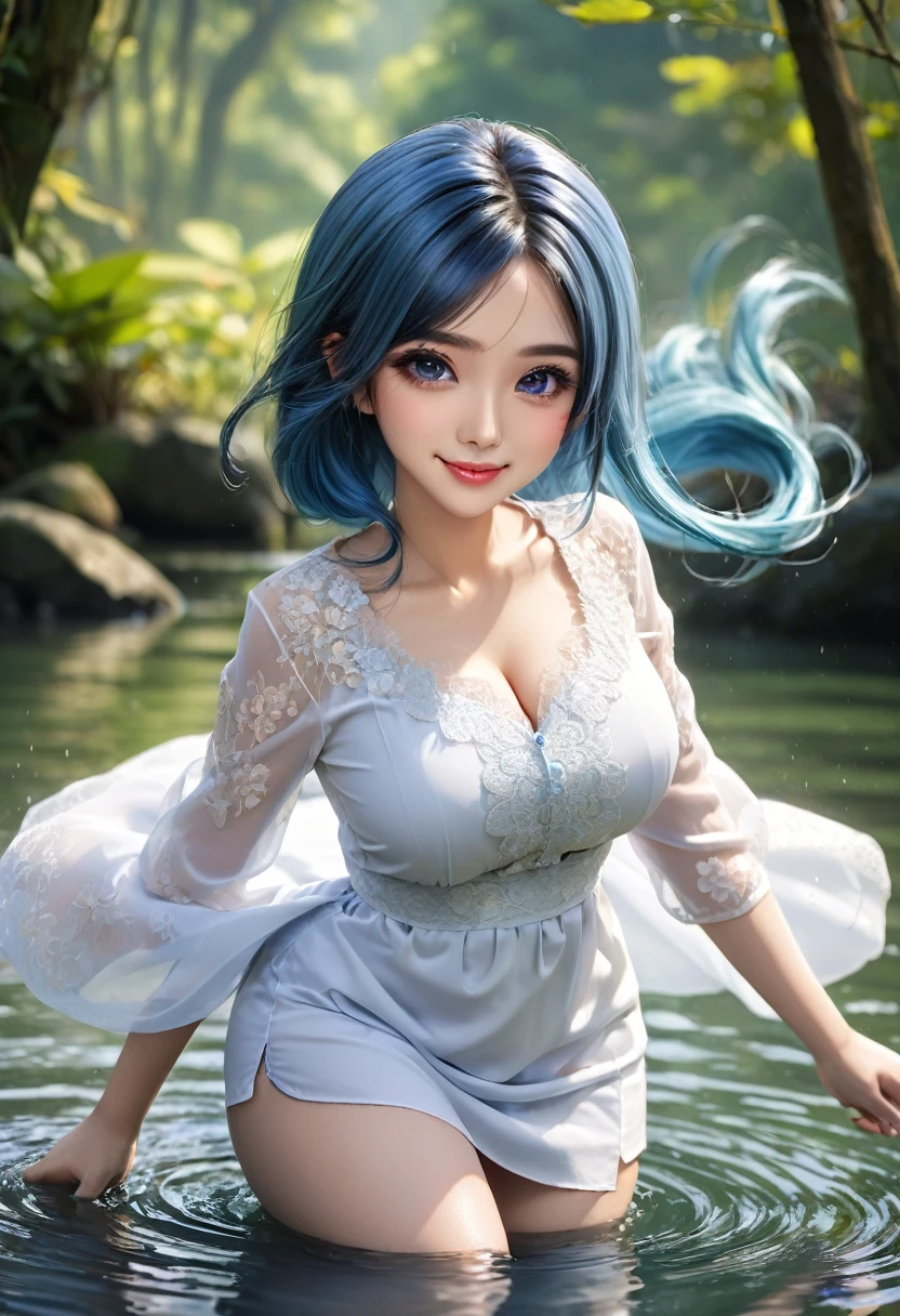 Gadis cantik memakai kebaya
prompt:
1girl, 8k, high_resolution, best quality, indonesian, standing, forest background, in the pond, facing front, smiling, proportional eyes, perfect, (from front), knee shot, looking_at_camera, front, masterpiece, pony hair, blue hair, blue_eyes, huge_boobs, thick thighs, large_breasts, long_hair, pony (((blue_hair))), kebaya, Indonesiadoll, white kebaya, cleavage, gentle smile, hair ornament,