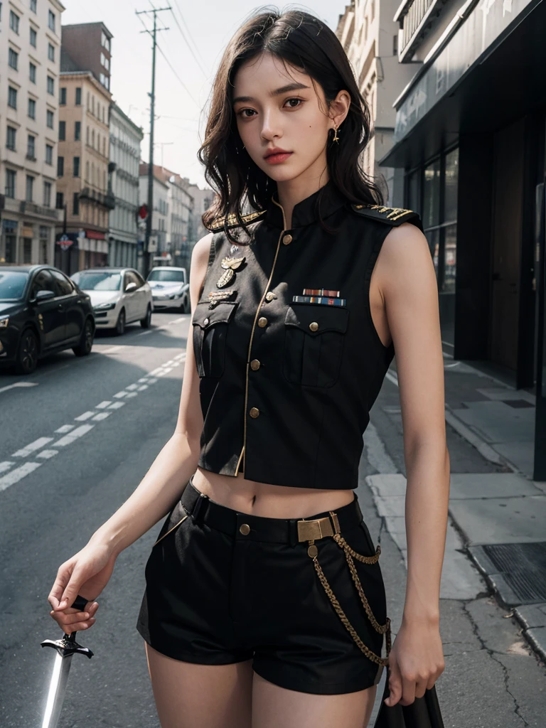 whole body, ((long sword)), ((Black military uniform)), Ladies' military vests, absurdres, RAW photo, extremely delicate and beautiful, masterpiece, Best Quality, ultra high resolution, 32k, hyperrealistic, ultra-detailed, tearful mole, earring, short medium hair, wavy hair, urban backdrop, shorts, midriff,