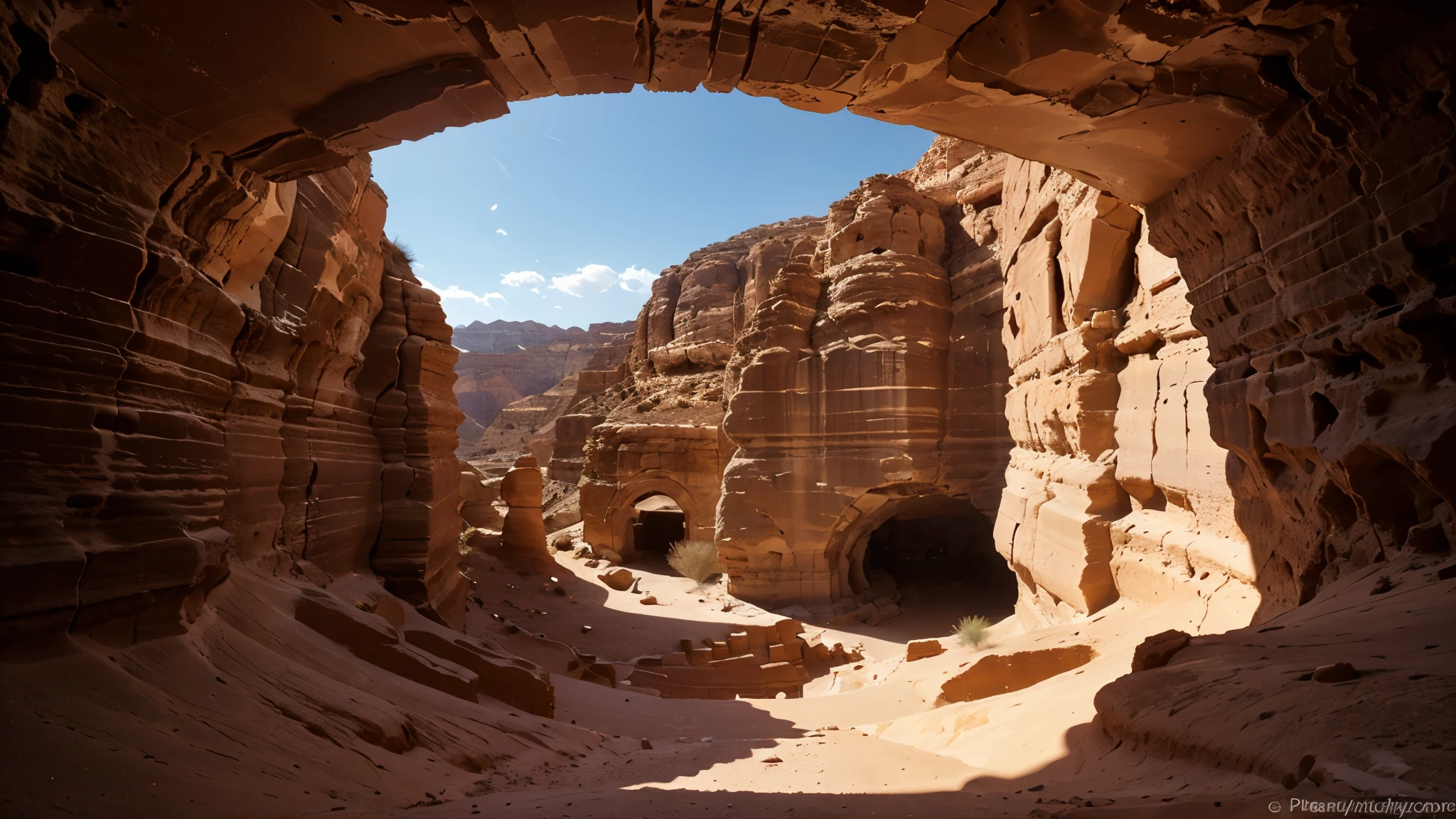 Create a captivating image that transports viewers to the ancient city of Petra in Jordan, where history and nature converge in a breathtaking landscape of sandstone cliffs and intricate rock-cut architecture. Picture the iconic Treasury (Al-Khazneh) emerging dramatically from the narrow Siq canyon, its ornate façade illuminated by the golden rays of the desert sun. Capture the vivid hues of the surrounding desert landscape, from the vibrant reds and oranges of the sandstone cliffs to the deep blue of the Jordanian sky above. Include glimpses of the winding pathways and hidden tombs that weave through Petra's ancient streets, inviting viewers to embark on a visual journey through this UNESCO World Heritage site. Through your image, convey the timeless beauty and wonder of Petra, a testament to human creativity and ingenuity carved into the heart of the desert.