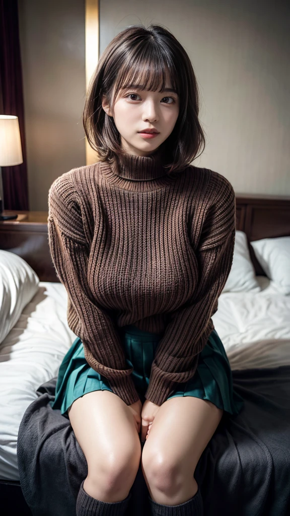 top-quality、hight resolution、ultra-detailliert、masterpiece、Raw photography、realisitic、Photorealsitic、extremely delicate and beautiful、finely detail、Textured skin、(in usually Japanese girl room)、2 people,man and woman、japanese、18year old ,woman upskirt and Showing pink panties,detailed panties,detailed frilled panties showing,tall,short wavy hair、wavy hair,short hair,Wearing makeup、smile,、perfectly proportions,lying down on the bed and spreading her legs,vaginal sex pov ,gal,light Brown hair,there are many cute things on bed,(((hands and feet tied))),((( Being held down by multiple hands ))) breast being rubbed from behind,Long Scarf、White wool sweater、a miniskirt、Black thick pantyhose、obscenity、erotick、