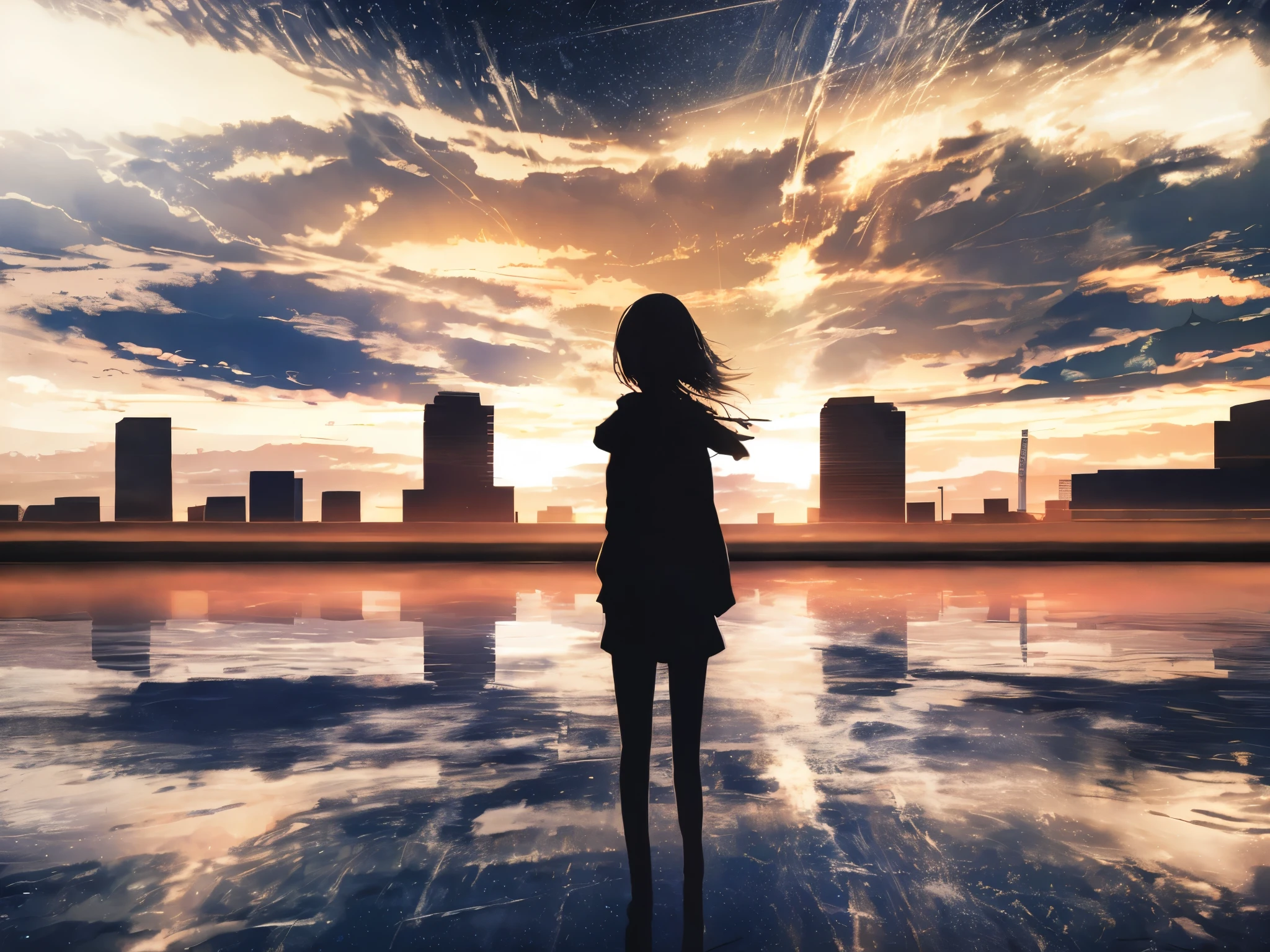 anime,silhouette,1girl, headphone、Back view、Blonde、Holding a microphone、singing、star (sky), cloud, cityscape, building, city, outdoors, skyscraper, city lights, night, night sky, sunset, skyline