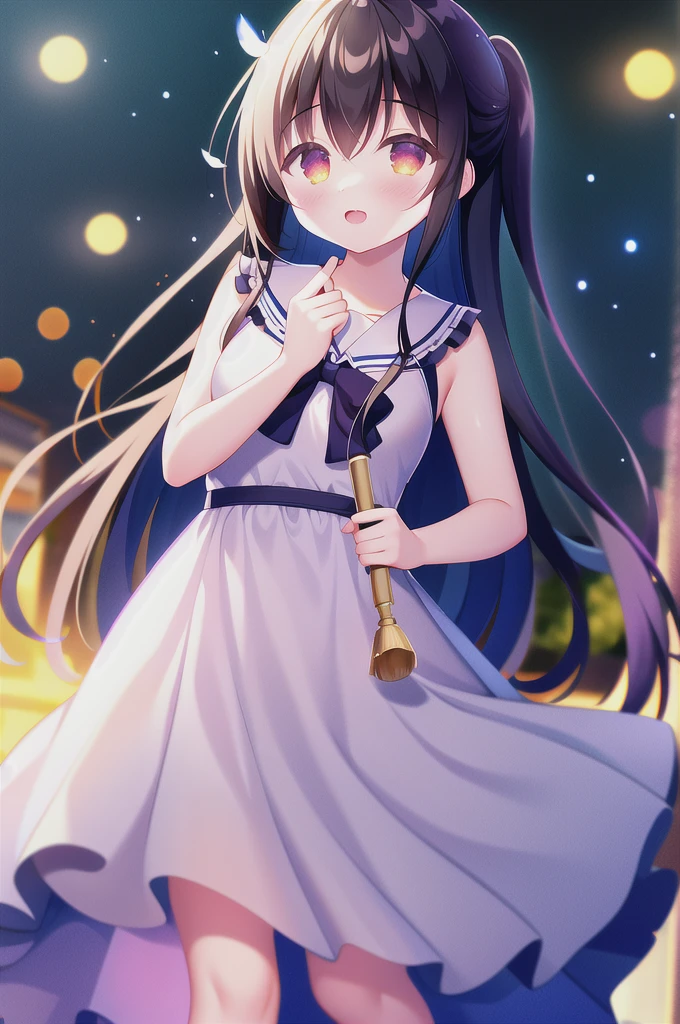 absurdres, high quality, game cg, 1girl, houraisan kaguya, evening gown, frilled dress, frills, outdoors, night sky, falling feathers, upper body, light particles, bokeh, chromatic aberration,