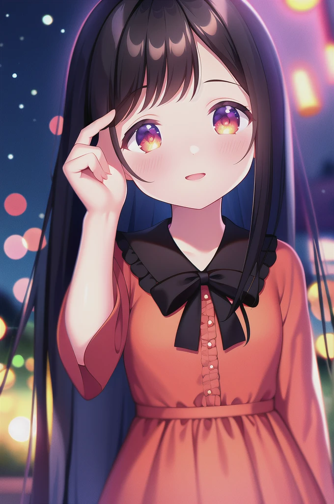 absurdres, high quality, game cg, 1girl, houraisan kaguya, evening gown, frilled dress, frills, outdoors, night sky, falling feathers, upper body, light particles, bokeh, chromatic aberration,