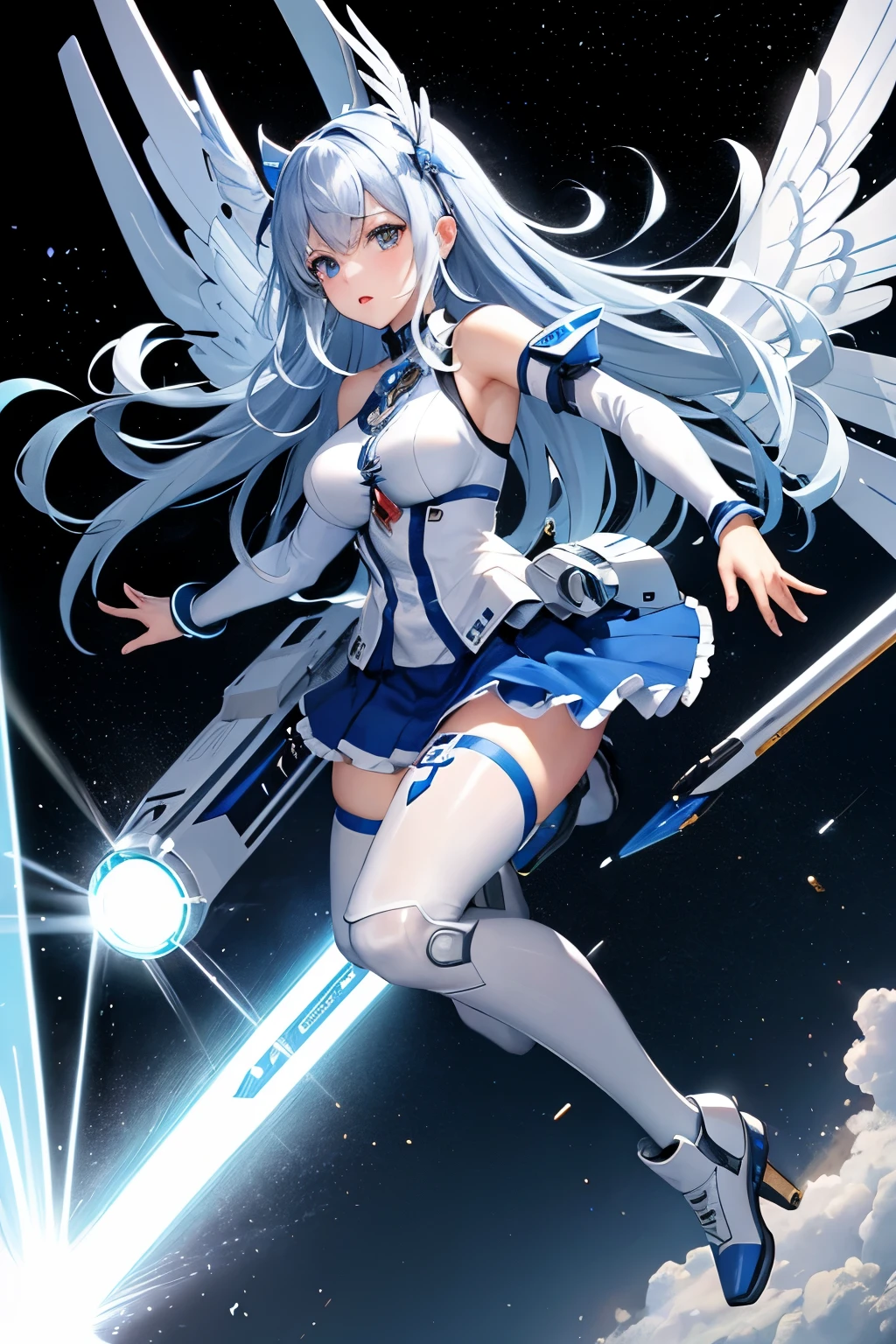 （（（highest quality、first-clasasterpiece、Normal body、8k、Detailed face、Ultra-precision、Normal hand、Normal finger、５Finger、）））Blue and silver hair、Machine Angel、Large mechanical wings、Large booster、Large thruster、Thought-guided remote-controlled weapon、Beam rifle、Beam irradiation、Running through space、Beam Sword、Fighting space monsters、
