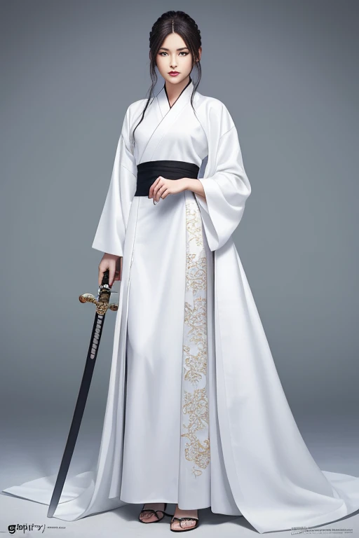 Close-up of a woman wearing a white dress and holding a sword, Portraits by Jan J, Trending on CGSociety, Fantasy art, Beautiful character drawings, artwork in the style of Gweitz, Gweitz, White Hanfu, Flowing white robes, Full body martial arts, Magnificent and elaborate character art, Amazing character art, beautiful female assassin  