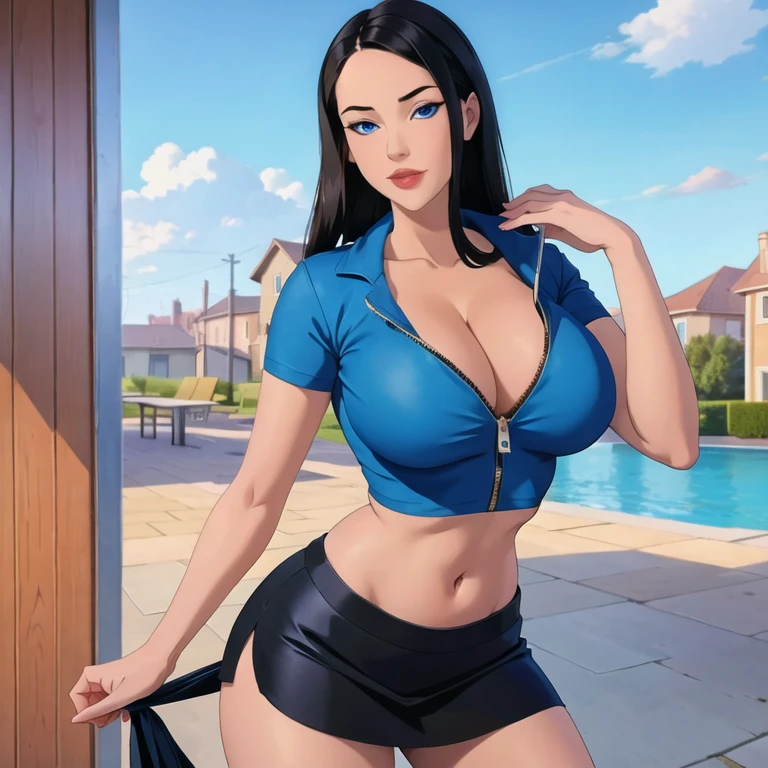 (masterpiece, best quality:1.2), 1girl, solo, black hair, blue eyes, big breasts, cleavage, lips, long hair, looking at viewer, nose, partially unzipped, crop top, skirt, navel, midriff, short skirt, short sleeves, standing, legs, smilr