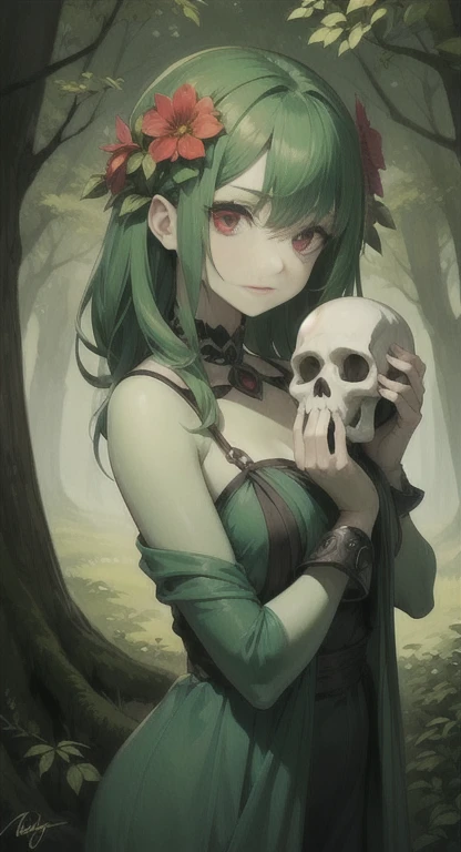 masterpiece, best quality, solo, cursed woman, flower hair, red eyes, green hair, dryad, green skin, holding a skull,
