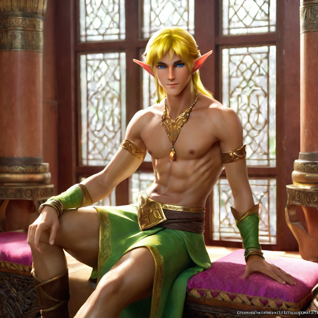 (medium shot, oiled skin shiny, perky chest, toned-body elf-male, Gerudo Clothes gerudo-link, elf ears, sitting on window seat bench cushions , blonde hair, short stature, , in eastern palace , veil, thin Abdominal Muscles, Perfect hands perfect fingers perfect thumbs perfect limbs, Perfect hands, perfect fingers, uhd high definition photograph, extremely detailed eyes face nose hands ) 