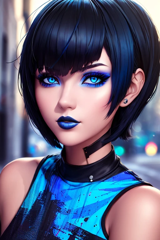 Beautiful girl, half-body portrait, Bright blue messy short hair, black eyeshadows, (street style wear:1.2), (urban backdrop:1.2), dark make-up, Digital art, trending on artstationh, Highly detailed, finedetail, Intricate, beautiful detailed glow, Detailed, Cinematic light, A high resolution, Detailed facial features,Sharp focus, smooth, Aesthetic,