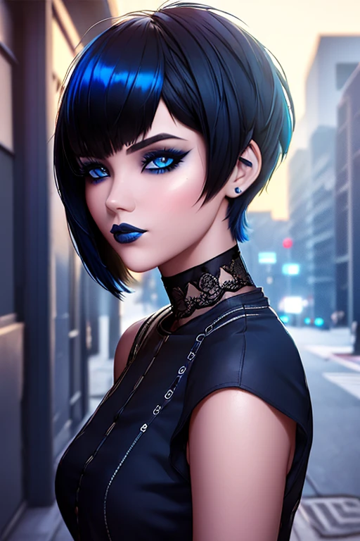 Beautiful girl, half-body portrait, Bright blue messy short hair, black eyeshadows, (street style wear:1.2), (urban backdrop:1.2), dark make-up, Digital art, trending on artstationh, Highly detailed, finedetail, Intricate,  beautiful detailed glow, Detailed, Cinematic light, A high resolution, Detailed facial features,Sharp focus, smooth, Aesthetic,