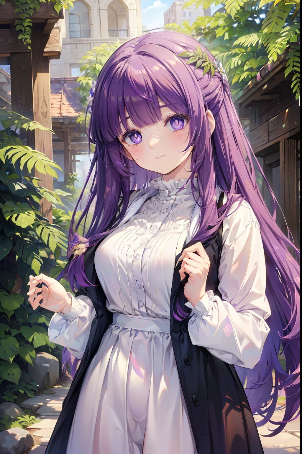 Fern、Purple Hair、Long Hair、blush,smile,Captivating thighs、Very cute clothes
（masterpiece:1.2), highest quality, High resolution, unity 8k wallpaper, (shape:0.8), (Beautiful and beautiful eyes:1.6), Highly detailed face, Perfect lighting, Highly detailed CG, (Perfect hands, Perfect Anatomy),