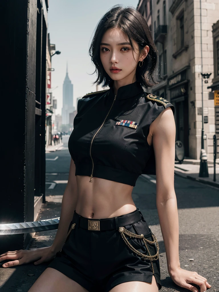 whole body, ((long sword)), ((Black military uniform)), Ladies' military vests, absurdres, RAW photo, extremely delicate and beautiful, masterpiece, Best Quality, ultra high resolution, 32k, hyperrealistic, ultra-detailed, tearful mole, earring, short medium hair, wavy hair, urban backdrop, shorts, midriff,