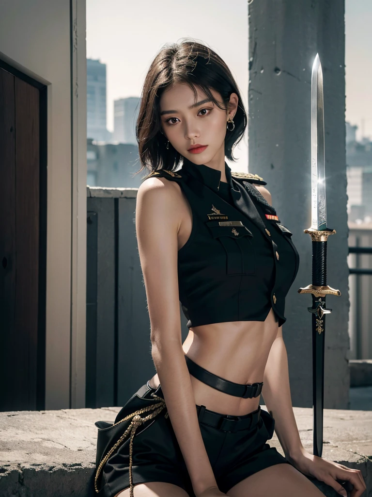whole body, ((long sword)), ((Black military uniform)), Ladies' military vests, absurdres, RAW photo, extremely delicate and beautiful, masterpiece, Best Quality, ultra high resolution, 32k, hyperrealistic, ultra-detailed, tearful mole, earring, short medium hair, wavy hair, urban backdrop, shorts, midriff,