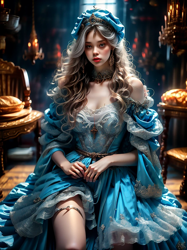 (Medieval fantasy style female princess)，whole body，Wearing a headscarf，luxury crown，blue eyes，blond，************，(Red and silver headscarf)，(Knee Shot:1.5)，Sexy，blue eyes，Extra large breasts，Pointy huge breasts gorgeous jewelry，Lips slightly open，Keep your lips elegant and charming，(blush)，Contempt，Calm and handsome，(Medieval fantasy dress，Beautiful big pointed breasts，Small waist，Perfect body，Blue delicate pattern，Red cape)，oc rendering reflection texture，Sexy风格，Medieval Castle Background，Slim body，Very small waist，(erect nipples see trough dress)，masterpiece，best quality，high resolution，8K，original photo，real picture，Digital Photography，(UHD, anatomically correct, textured skin, ccurate, award winning)