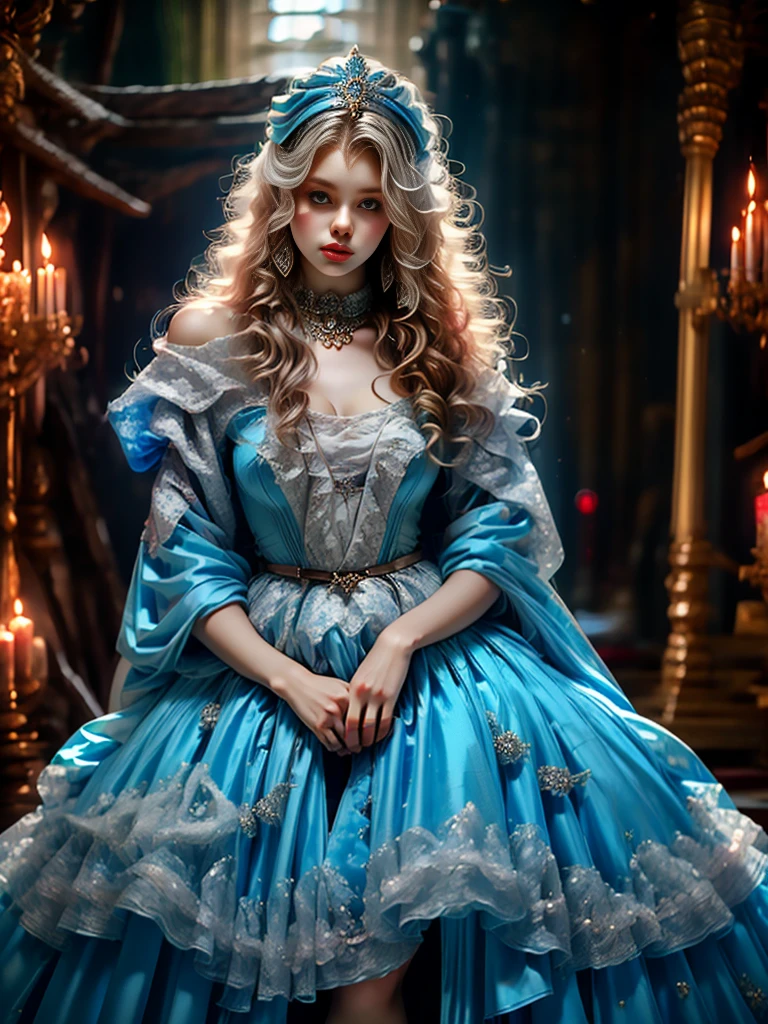 (Medieval fantasy style female princess),whole body,Wearing a headscarf,luxury crown,blue eyes,blond,17 years old,(Red and silver headscarf),(Knee Shot:1.5),Sexy,blue eyes,Extra large breasts,Pointy huge breasts gorgeous jewelry,Lips slightly open,Keep your lips elegant and charming,(blush),Contempt,Calm and handsome,(Medieval fantasy dress,Beautiful big pointed breasts,Small waist,Perfect body,Blue delicate pattern,Red cape),oc rendering reflection texture,Sexy风格,Medieval Castle Background,Slim body,Very small waist,(erect nipples see trough dress),masterpiece,best quality,high resolution,8K,original photo,real picture,Digital Photography,(UHD, anatomically correct, textured skin, ccurate, award winning)