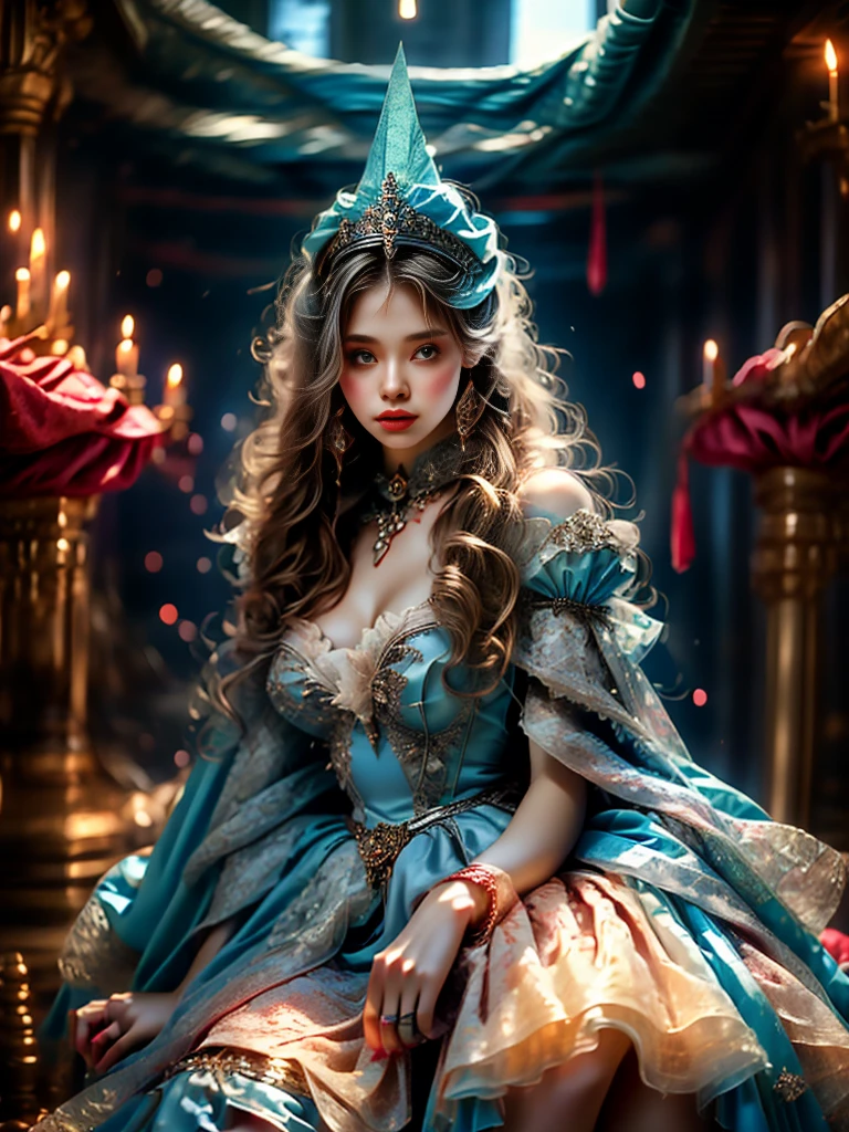 (Medieval fantasy style female princess)，whole body，Wearing a headscarf，luxury crown，blue eyes，blond，，(Red and silver headscarf)，(Knee Shot:1.5)，Sexy，blue eyes，Extra large breasts，Pointy huge breasts gorgeous jewelry，Lips slightly open，Keep your lips elegant and charming，(blush)，Contempt，Calm and handsome，(Medieval fantasy dress，Beautiful big pointed breasts，Small waist，Perfect body，Blue delicate pattern，Red cape)，oc rendering reflection texture，Sexy风格，Medieval Castle Background，Slim body，Very small waist，(erect nipples see trough dress)，masterpiece，best quality，high resolution，8K，original photo，real picture，Digital Photography，(UHD, anatomically correct, textured skin, ccurate, award winning)