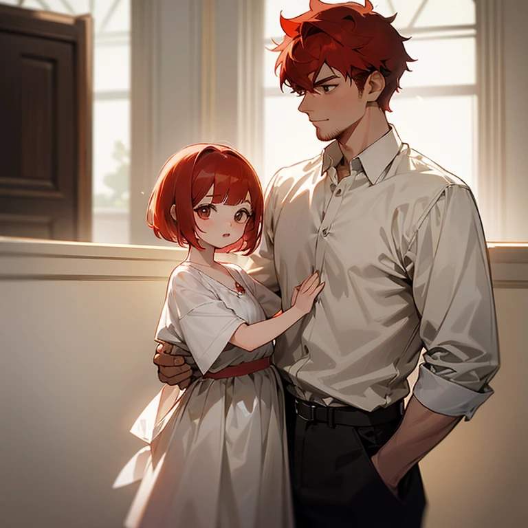 Make a 24-year-old red-haired father with brown eyes thin and white with one with stylish clothes together with his 5-year-old red-haired daughter with short hair and children's and feminine clothes and white eyes in a garden setting Make them both in the same image