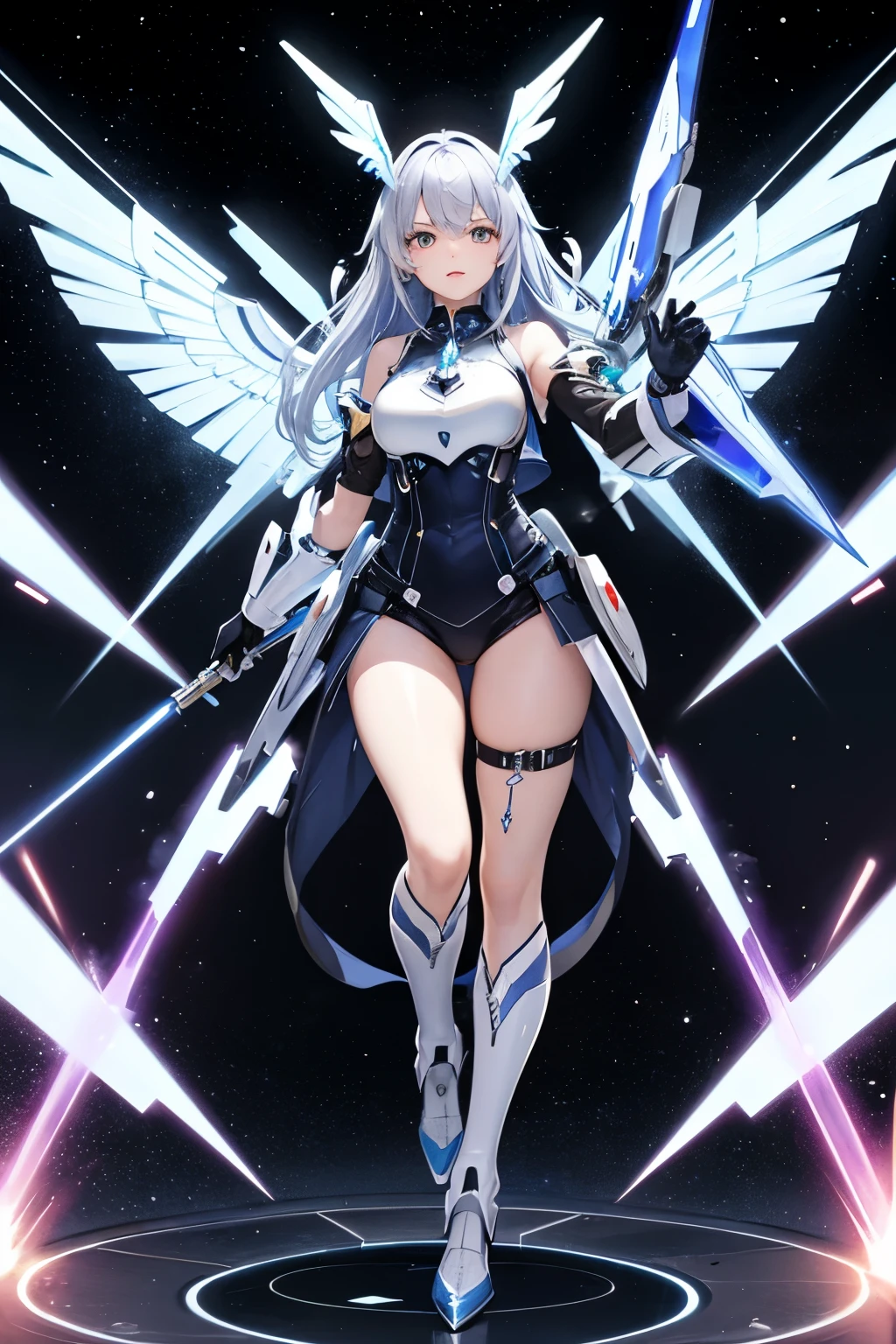 （（（highest quality、first-clasasterpiece、Normal body、8k、Detailed face、Ultra-precision、Normal hand、Normal finger、５Finger、）））Blue and silver hair、Machine Angel、Large mechanical wings、Large booster、Large thruster、Thought-guided remote-controlled weapon、full metal armor、Beam rifle、Beam irradiation、Running through space、Beam Sword、Fighting space monsters、