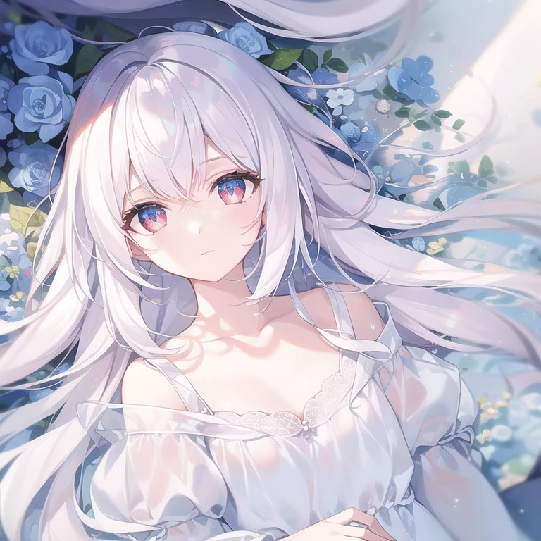 ((masterpiece, best quality))++, Detailed lighting+,  Detailed hair+, Detail hand+ ,1 girl, Miss, Long hair,   Crimson eyes,  beautiful eyes, young white hair,,(Beautiful white hair:1.5),(Beautiful and delicate eyes),  high resolution+,glass tint, Reflective eyes,   {{angle}} , Very detailed wallpaper, The original, Air bangs，Extremely beautiful CG，Firefly，Nature，Wilderness