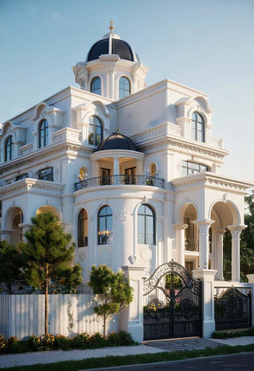 RAW photo, masterpiece, arafed house with a car parked in front of it, neo - classical style, rendered in lumion pro, classicism style, classicism artstyle, lumion render, rendered in lumion, architectural visualization, neoclassical style, in style of classicism, white light sun, rendered in vray, rendered in v-ray, rendered in unreal engine 3d, (photorealistic:1.2), best quality, ultra high res, exterior, architechture,modern house,(white wall:1.5), (detail gate black:1.4), (photorealistic:1.5), best quality, ultra high res, exterior,architechture,neoclassic house,(white wall:1.2), (detailed reliefs:1.2), (The front 1st floor has 4 windows), (the right side 1st floor has 4 windows), (the main side has three-step stairs), (the right side has three-step stairs) ,glass windows,,trees,traffic road, blue sky,in the style of realistic hyper-detailed rendering, luxury neoclassical villa, in the style of neoclassical scene, glass windows, (white navy roof:1.2), best quality, (straight strokedetail:1.1) roof top, (Intricate lines:1.5), ((Photorealism:1.5)),(((hyper detail:1.5))), archdaily, award winning design, (dynamic light:1.3), (night light:1.2), (perfect light:1.3), (shimering light :1.4), refection glass windows, (curved line architecture arch:1.2), trees, beautiful sky, photorealistic, FKAA, TXAA, RTX, SSAO, Post Processing, Post-Production, CGI, VFX, SFX, Full color,((Unreal Engine 5)), Canon EOS R5 Camera + Lens RF 45MP full-frame CMOS sensor, HDR, Realistic,8k,((Unreal Engine 5)), Cinematic intricate detail, extreme detail, science, hyper-detail, FKAA, super detail, super realistic, crazy detail, intricate detail, nice color grading, reflected light on glass, eye-catching wall lights, unreal engine 5, octane render, cinematic, trending on artstation, High-fidelity, Viwvid, Crisp, Sharp, Bright, Stunning, ((Lifelike)), Natural, ((Eye-catching)), Illuminating, Flawless, High-quality,Sharp edge rendering, medium soft lighting, photographic render, detailed archviz