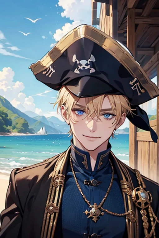 absurdres, highres, ultra detailed, HDR, master piece, best quality, Quincy, blond messy hair, expressive orange eyes, Nu Carnival, solo, sexy man, handsome, horny, lewd, black hat, fantasy black pirate clothes, accessories, showing the chest, beach, sea, petals, flowers
