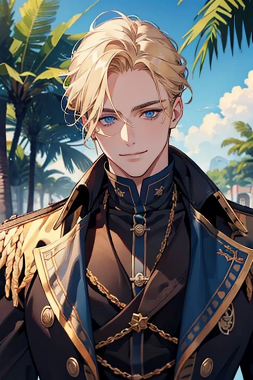 dark blue eyes, natural blonde hair, male, adult, smile, sunshine, pirate, moles on the face