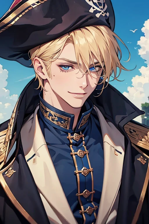 dark blue eyes, natural blonde hair, male, adult, smile, sunshine, pirate, moles on the face