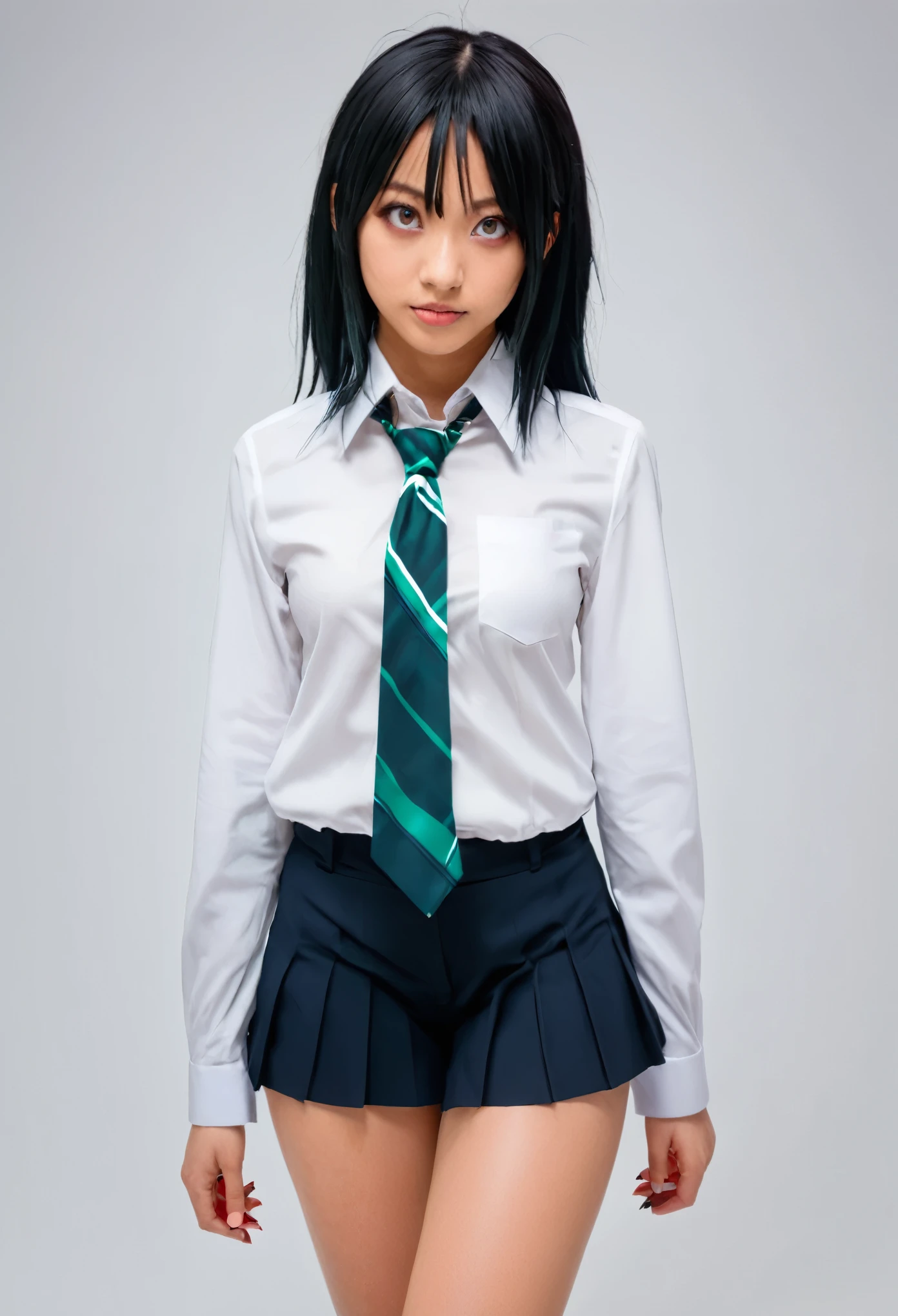  girl, del anime Boku No Hero Academia, pelo negro corto con mechones blancos y rojos, mirada fria, ojos cansados y negros, lleva una camisa blanca, corbata roja, falda azul verdosa, medias negras altas y tacones negros.