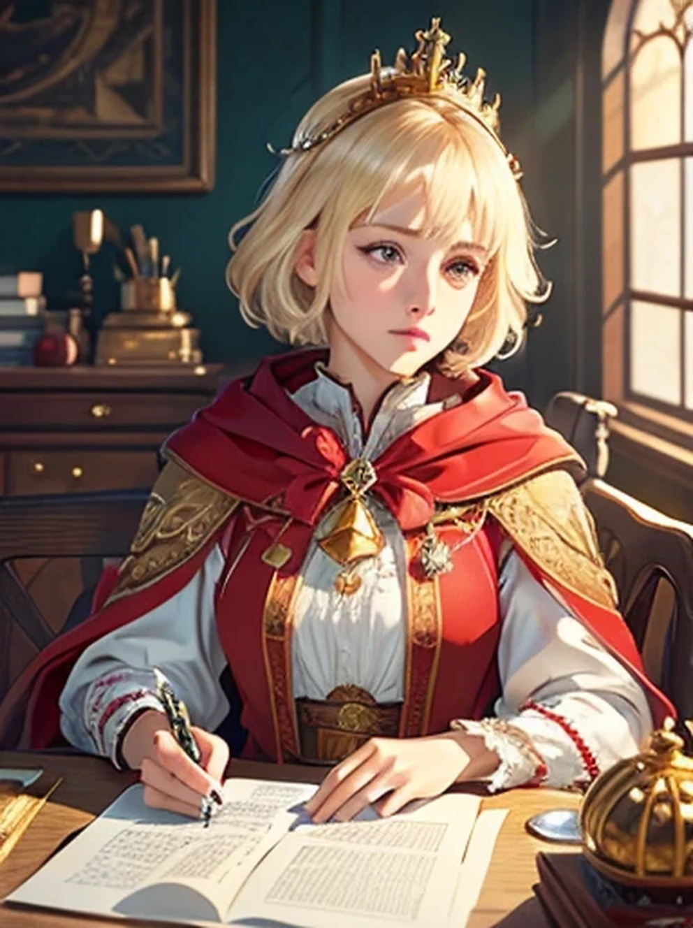 (masterpiece: 1.2, best quality), realistic, (realistic Picture, intricate details, depth of field), best quality, masterpiece, very detailed, Semi realistic, 1 girl, mature woman, 21 years old, blond hair, shoulder length short hair, Left eye covered with hair, blue eyes, The King's Clothes, Little Red Riding Hood, slim figure, crown made of precious gold, Read the documentation, Show document, goose head pen, Office Tables, soft bench, Palace, At the Palace, during the middle ages