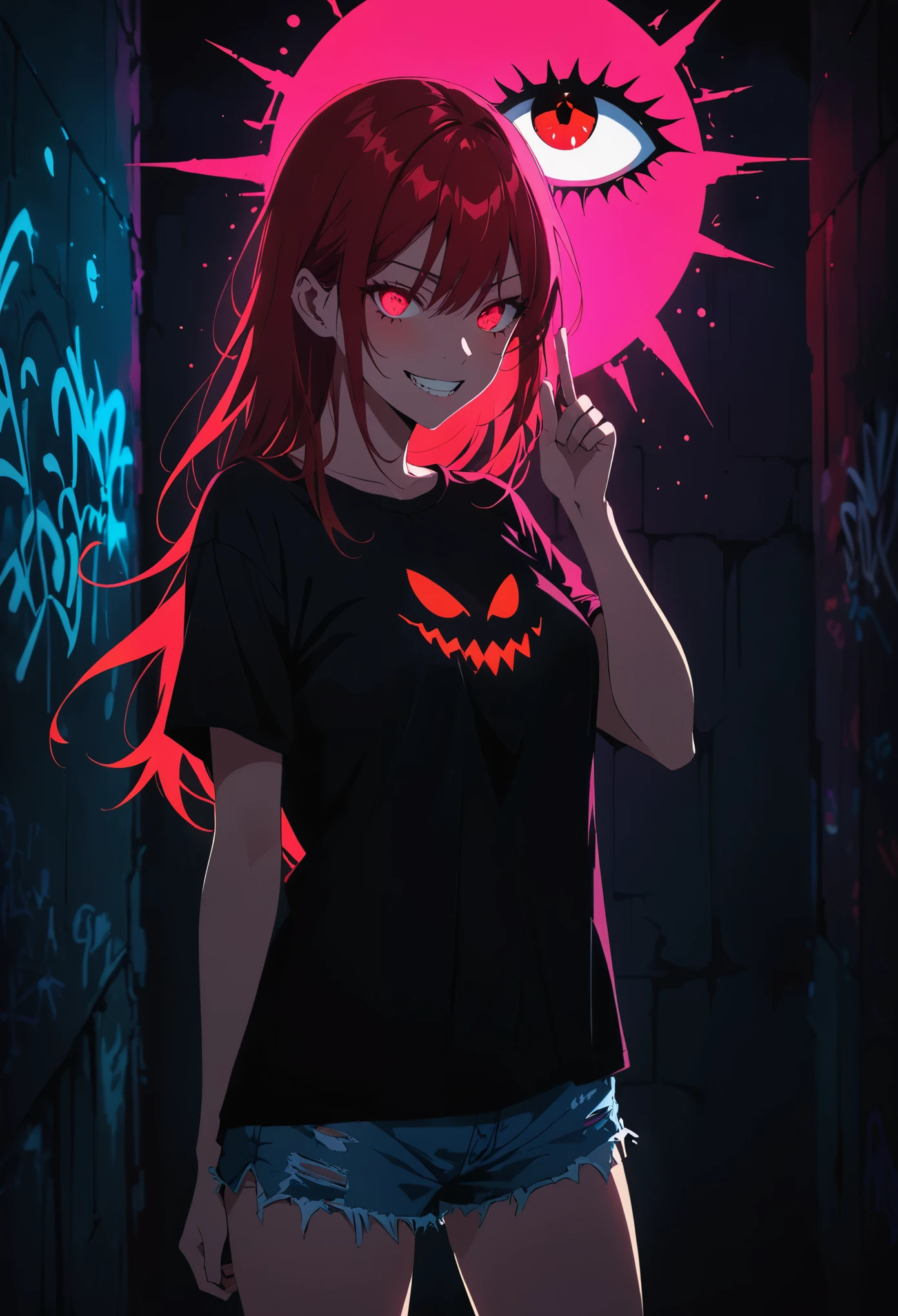 (Portrait of a mysterious giant eye),indoor,Fluorescent illumination,(((Darkness shrouded))),Wall background,black background,silhouette,shadow,extreme darknesinimalist graffiti style background,Fluorescent red eye graffiti,Dark atmosphere,cowboy shot,1girl,Oversized black T-shirt,Medium Breast,Waistless T-shirt,(underboob),blurred background,Blurred foreground,Red fluorescent hair,Fluorescent red eyes,Hand raised and touching hair,long hair,Messy hair,Low rise denim shorts,Over-the-knee boots,pink eye shadow,Ruined eyeshadow,Grin,Open your mouth,Devil smiley,middle finger,Shark Teeth,