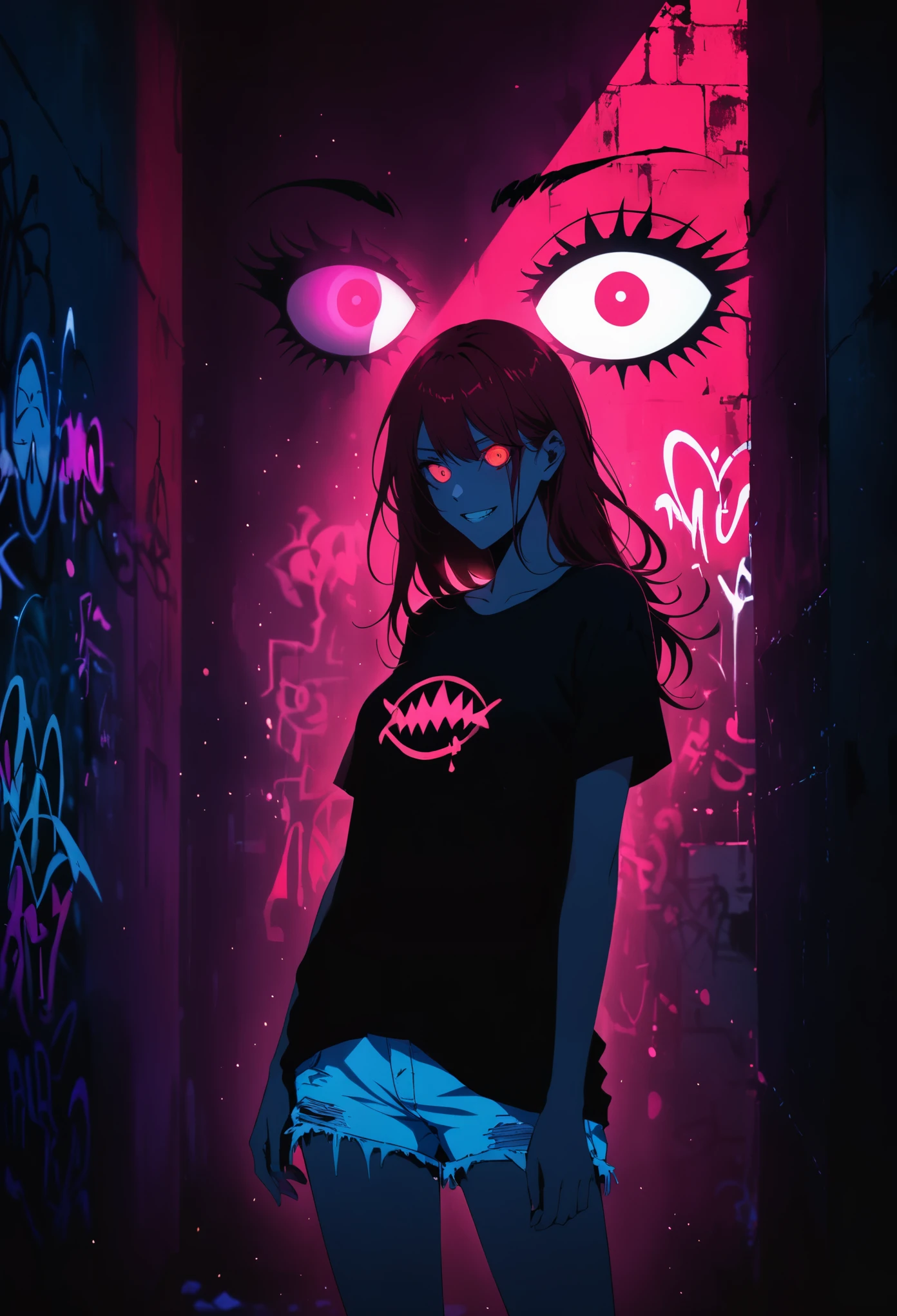 (Portrait of a mysterious giant eye),indoor,Fluorescent illumination,(((Darkness shrouded))),Wall background,black background,silhouette,shadow,extreme darknesinimalist graffiti style background,Fluorescent red eye graffiti,Dark atmosphere,cowboy shot,1girl,Oversized black T-shirt,Medium Breast,Waistless T-shirt,(underboob),blurred background,Blurred foreground,Red fluorescent hair,Fluorescent red eyes,Hand raised and touching hair,long hair,Messy hair,Low rise denim shorts,Over-the-knee boots,pink eye shadow,Ruined eyeshadow,Grin,Open your mouth,Devil smiley,middle finger,Shark Teeth,
