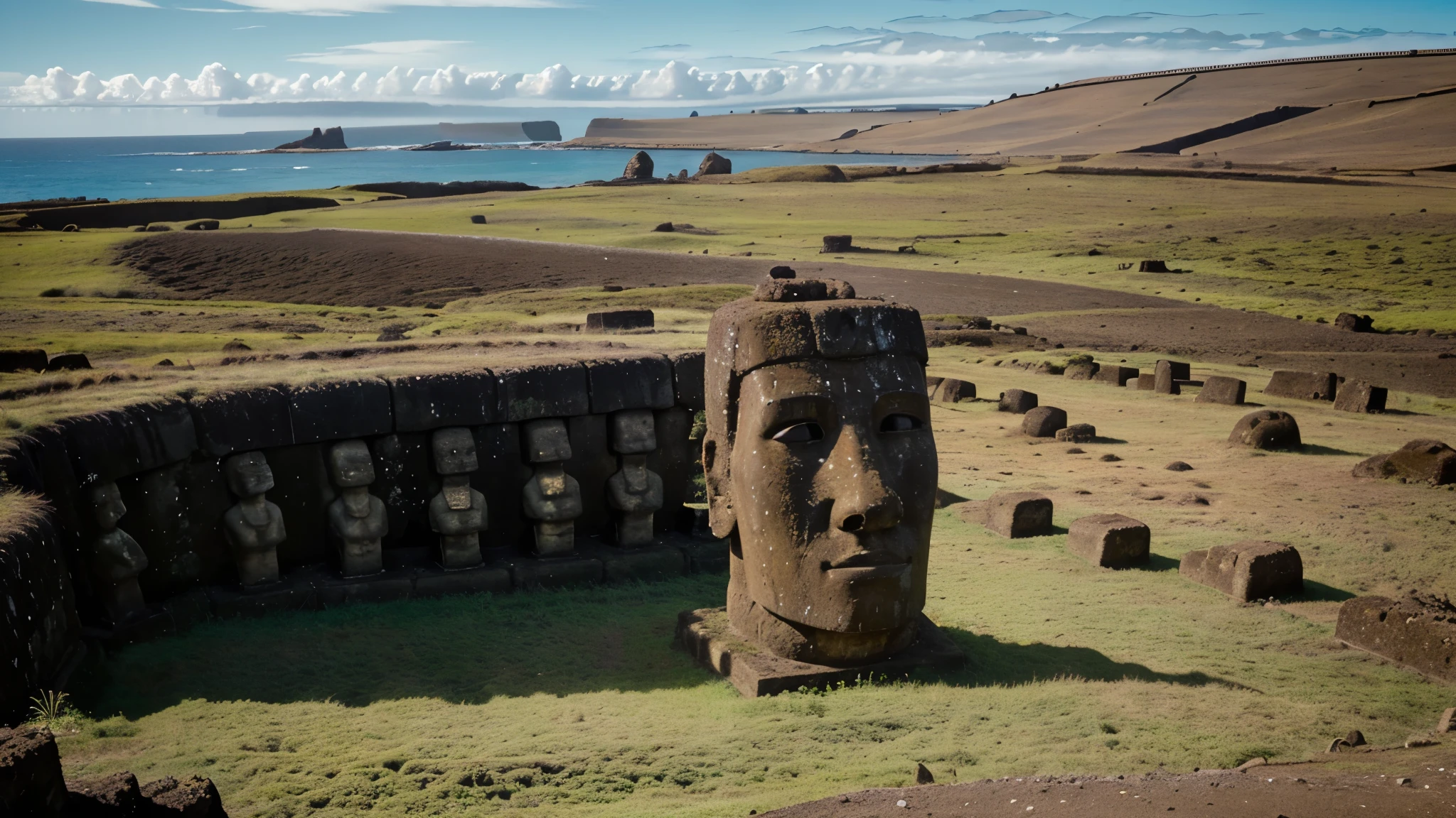 Craft a mesmerizing image that transports viewers to the remote and mysterious landscape of Easter Island, Chile. Picture the iconic Moai statues standing sentinel against the backdrop of rolling hills and expansive ocean vistas. Capture the solemn beauty of these ancient stone guardians, their enigmatic expressions hinting at the secrets they hold. Incorporate the rugged terrain and lush vegetation of the island, showcasing the contrast between the stoic permanence of the Moai and the ever-changing forces of nature that surround them. Let the soft light of dawn or dusk infuse the scene with a sense of reverence and wonder, inviting viewers to contemplate the island's rich cultural heritage and enigmatic past. Through your image, evoke the timeless allure of Easter Island and inspire curiosity about the stories etched into its ancient stone monuments.