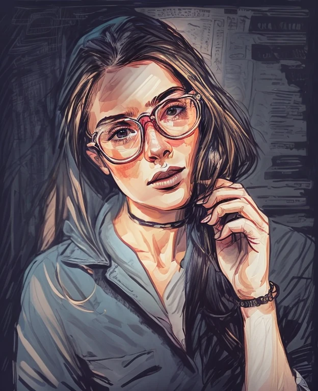 

drawing of a woman with glasses on her face by Meredith Dillman, instagram, serial art, traditional drawing style, girl with glasses, drawing style, wearing glasses, realistic line drawing, comic drawing style, line art portrait, sketch drawing, lofi portrait, sketch style, sketch drawing , drawn with photoshop, beautiful drawing style, realistic sketch, bold line drawing